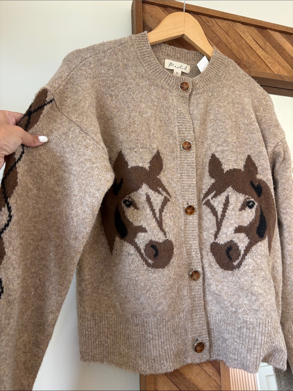 Neutral Beige Horse-Intarsia Button Cardigan